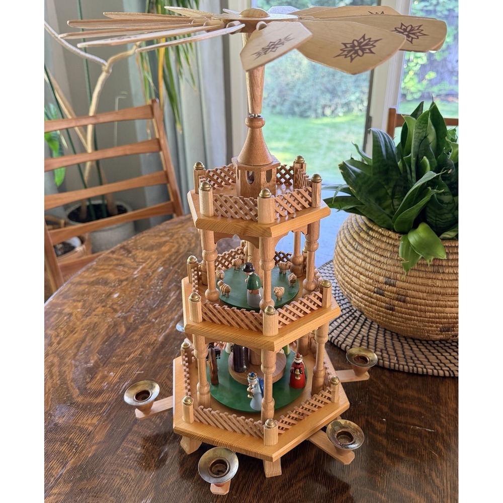 Ergzgebirge 3 Tier Christmas Nativity Wooden Carousel Spinning Carousel Vintage